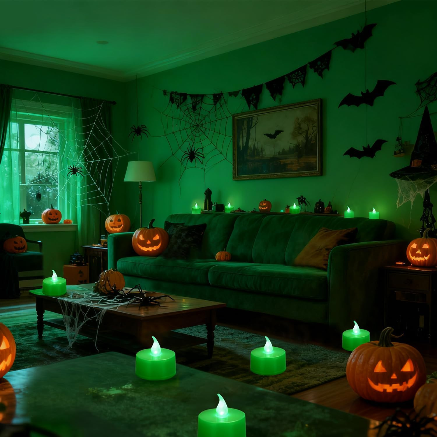 24 Pack Green Light Non-Flickering Flameless Tea Lights, Green Base, Last 100H+,