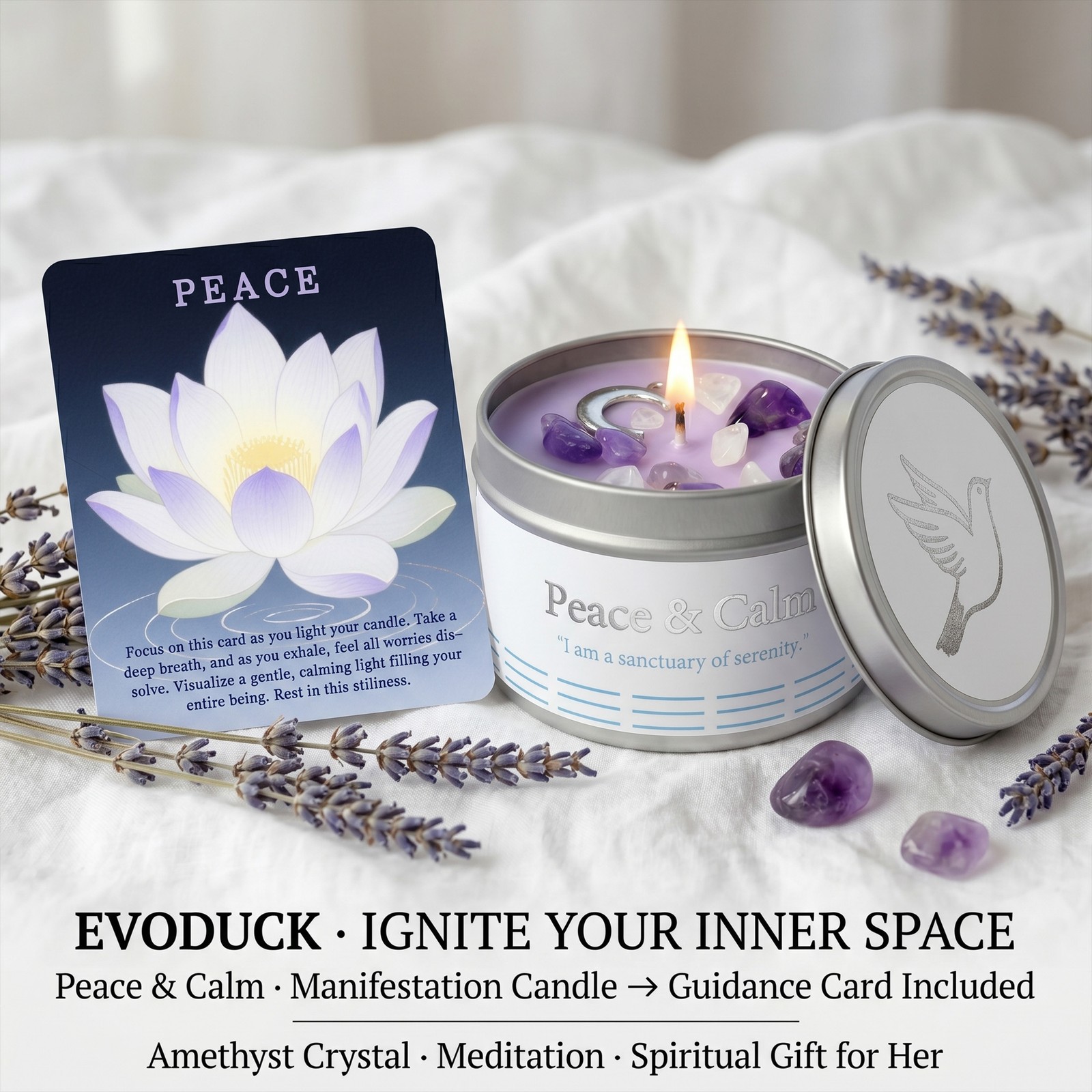 1 Pack EVODUCK Peace Crystal Candle Amethyst Stress Relief Meditation 3 oz