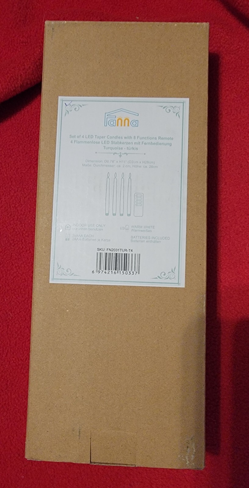 4 Pack Flameless Fanna LED Turquoise Taper Candles Timer Remote Battery Operated