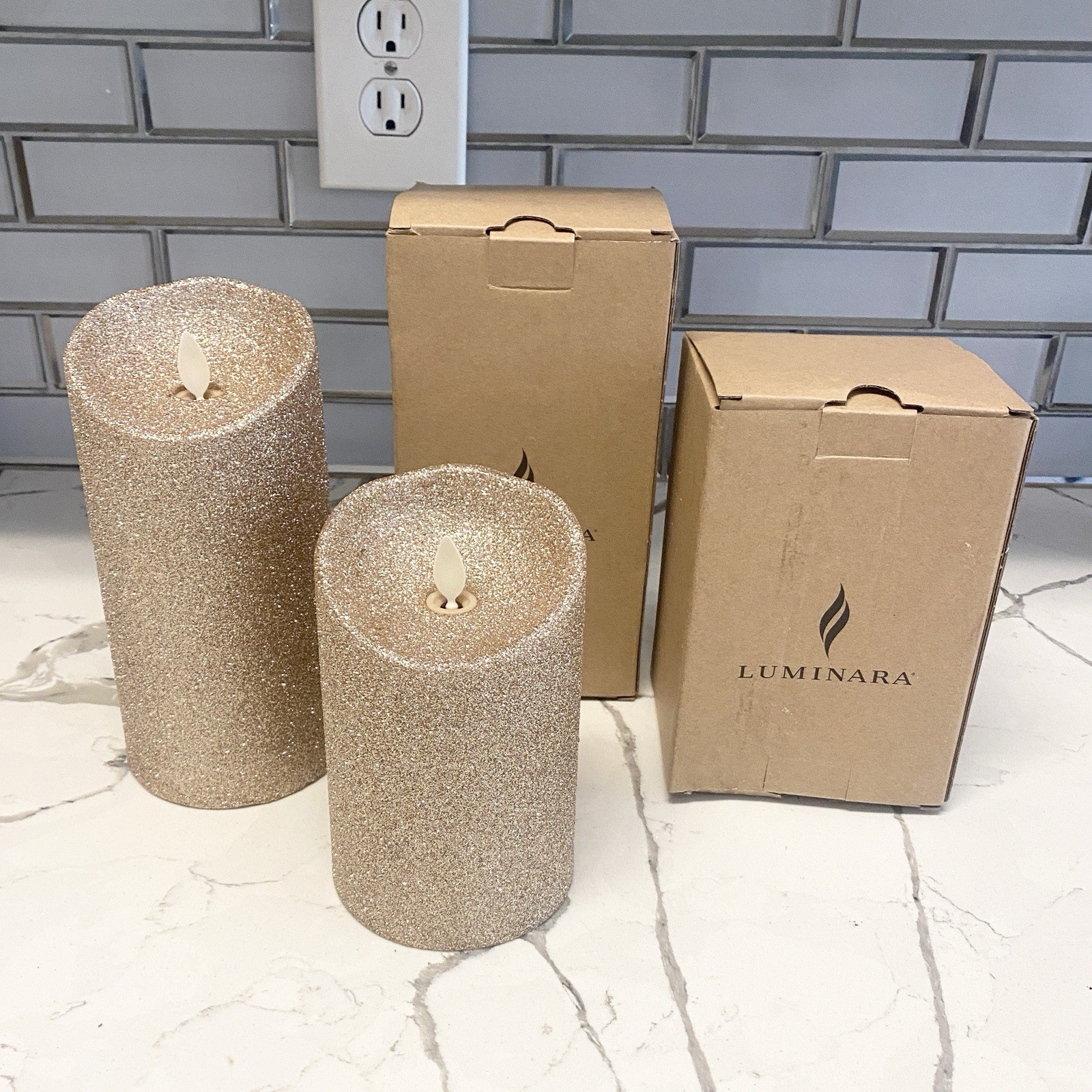 Luminara Gold Glitter Flame Effect Flameless Battery Candle Pair 7.5” & 5.5”