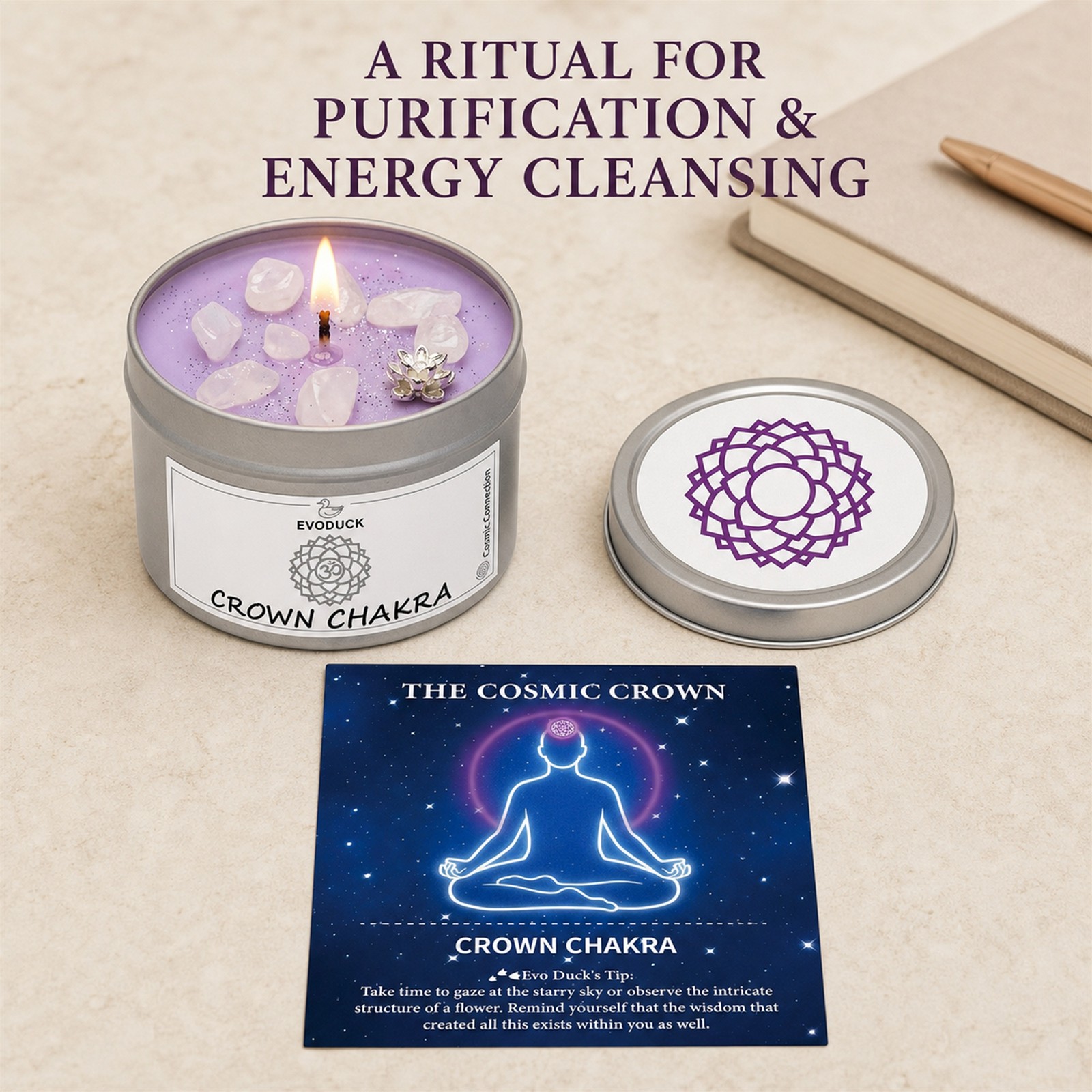 2-Pack EVODUCK Crown Chakra Healing Candles, Clear Quartz, Purification, 3 oz