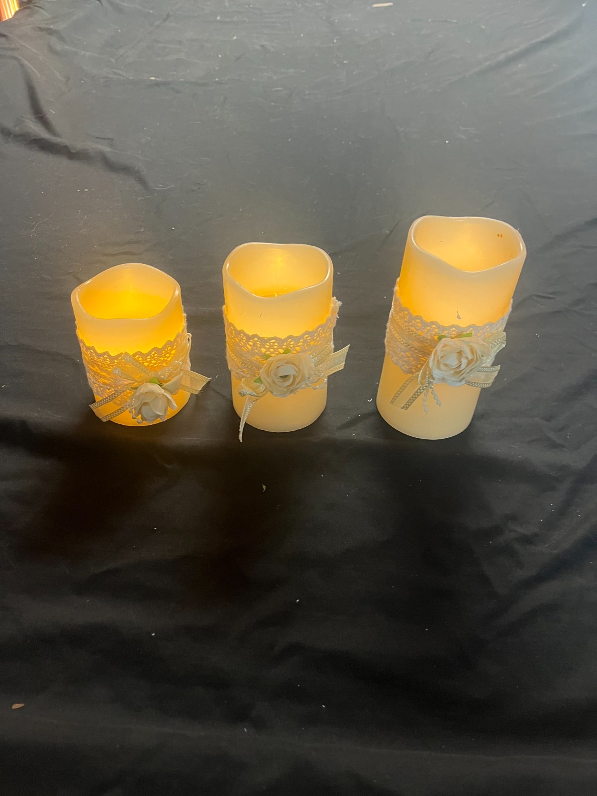 LED Candles, New in Box! Set of 3! White lace and Rose!