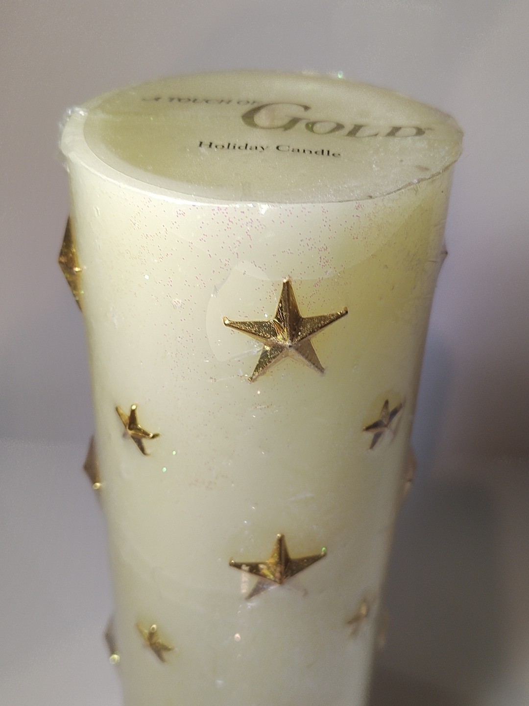 Vintage “A Touch of Gold” Wax Pillar Candle Glitter Cream Gold Stars 9.25″ New