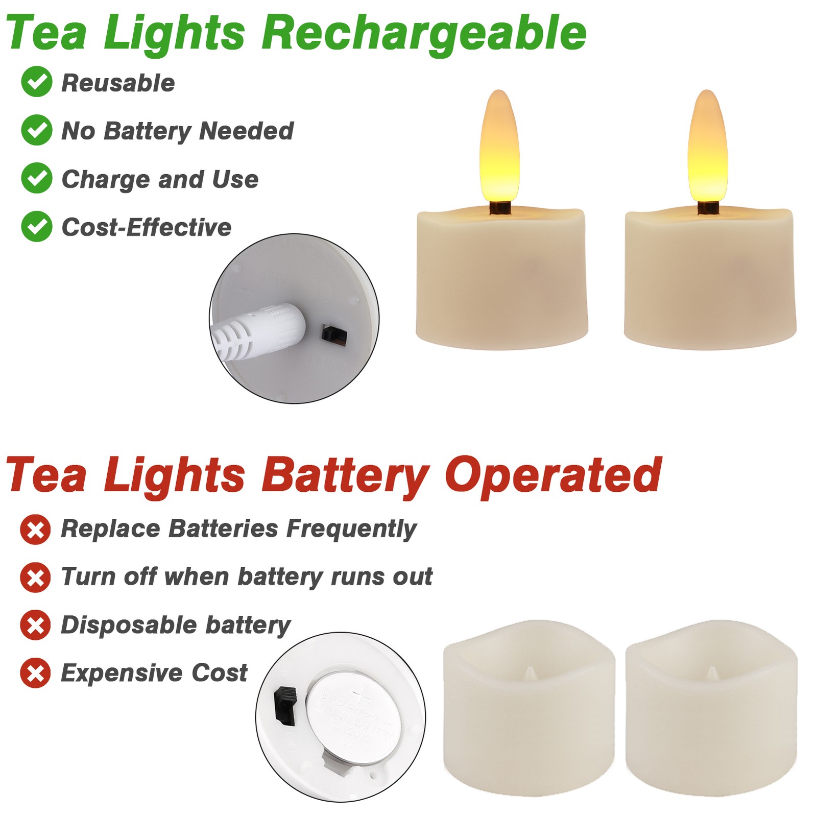 6/12x Rechargeable LED Tea Lights Flickering Flameless Candles with Timer Remote
