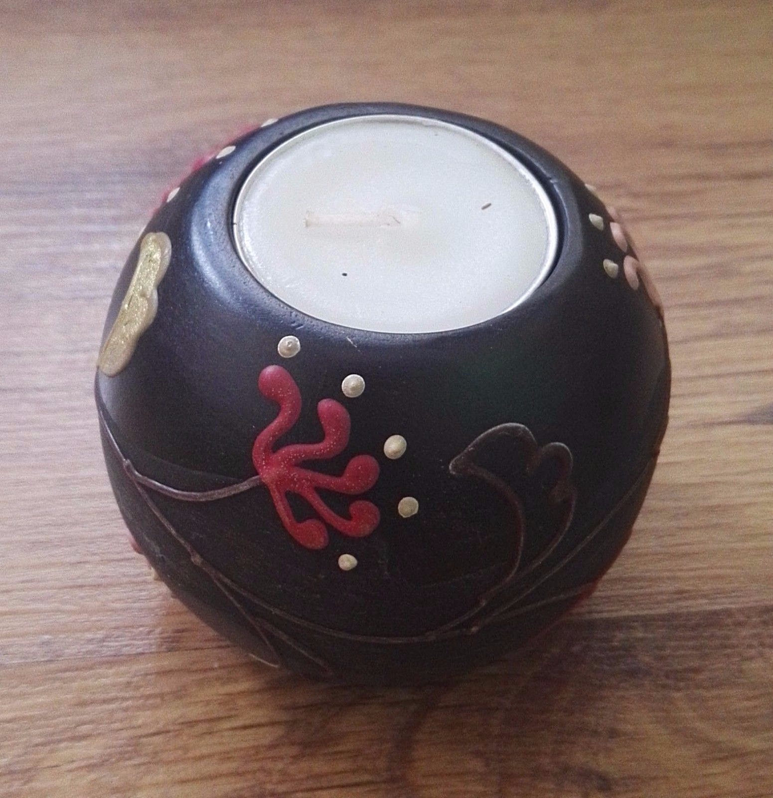 Thailand Mango Wood Candle Holder Round Flowers Painting Handcrafted