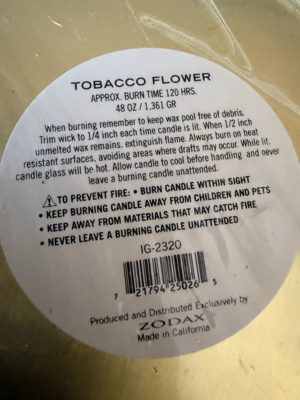 Cortina Candle Tobacco Flower Scented Candle 48 Oz. Medium 120 Hours Burn New