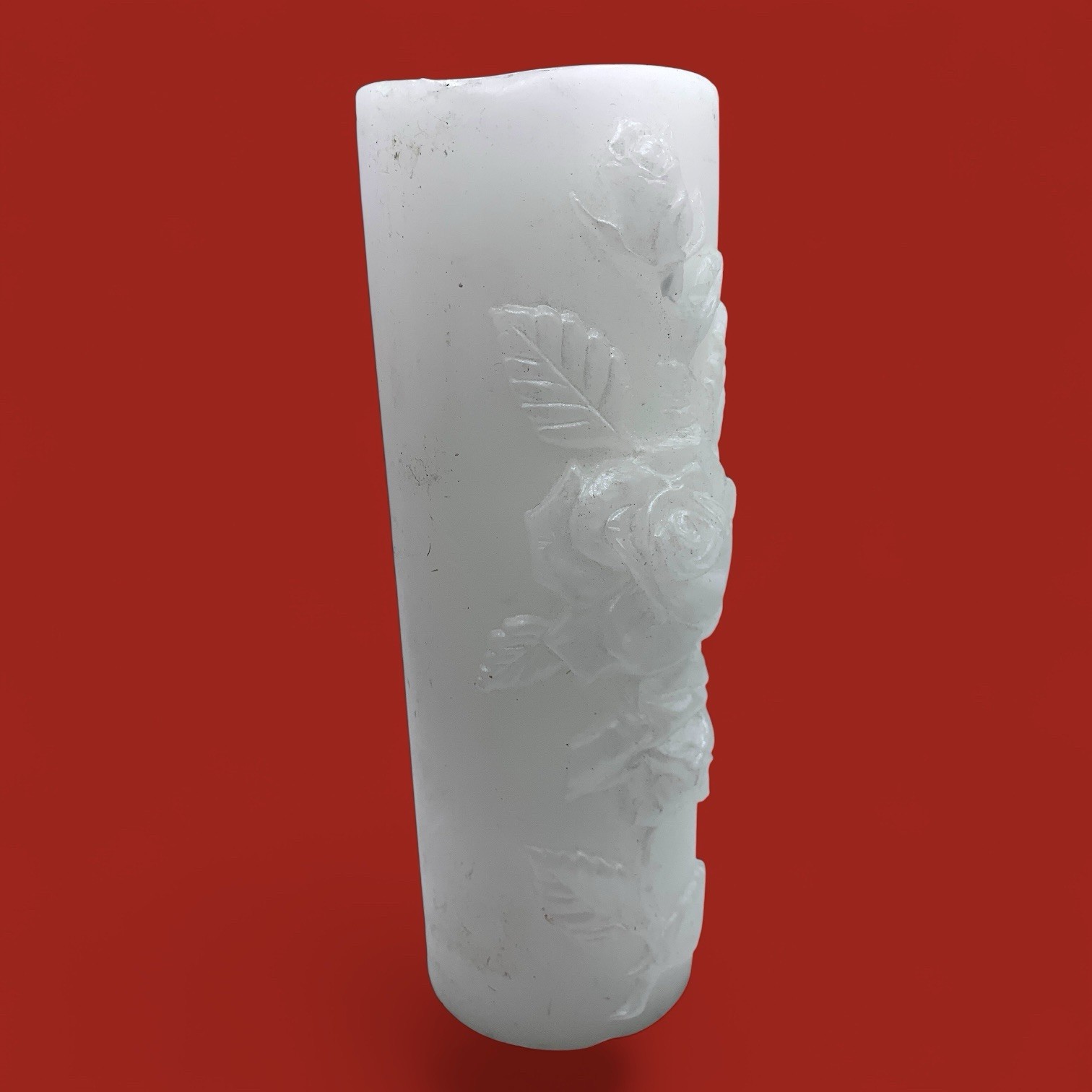 VTG White Embossed Rose Pillar Candle 9” Romantic Floral Decor Unscented Prayer