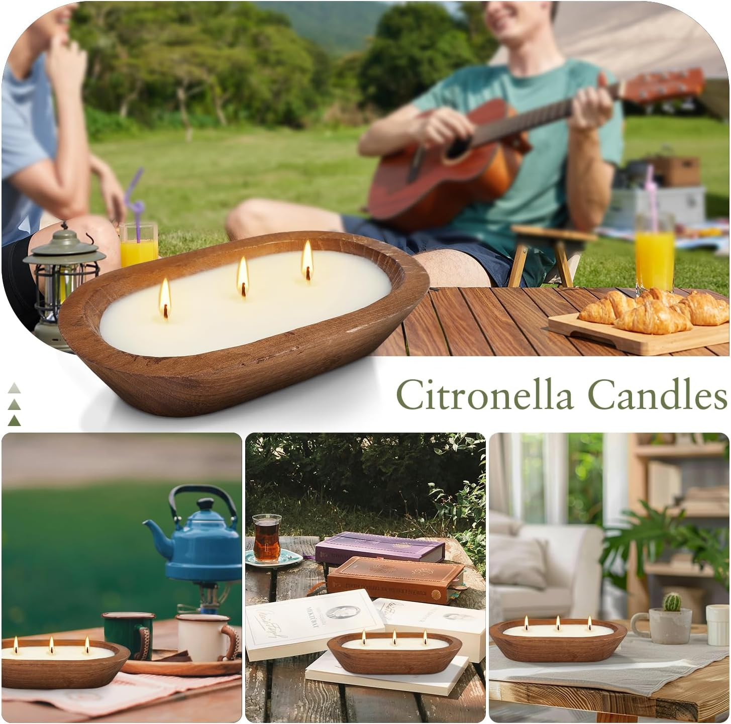 Citronella Scented 3-Wick Candle Oval Wood Bowl Candle, Clean Burning
