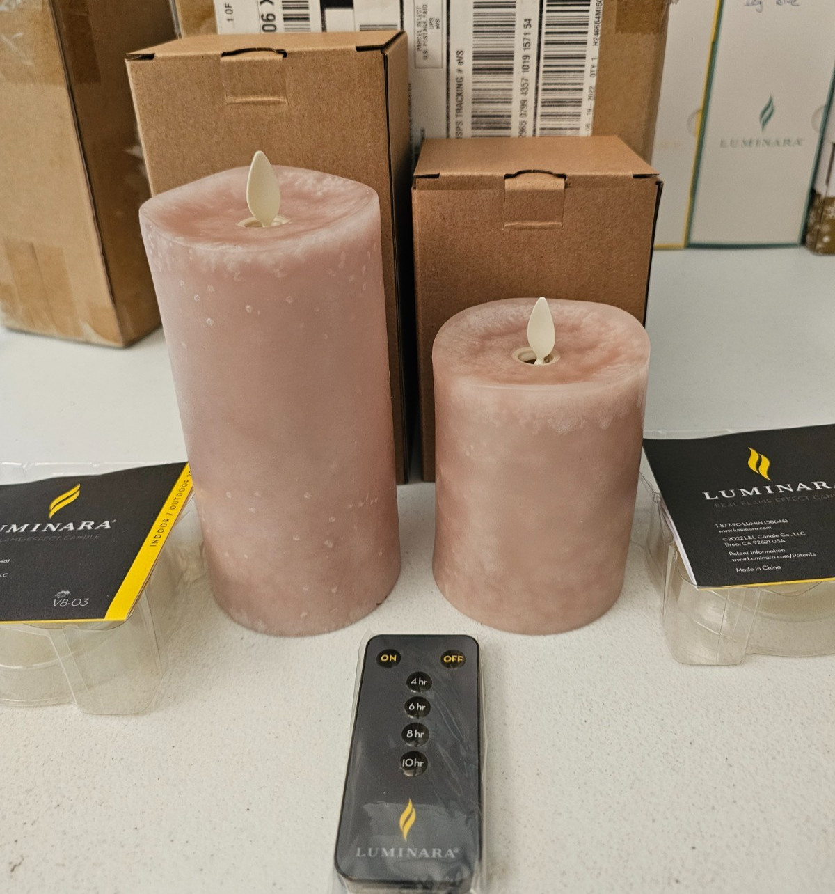 Pair Of Moonlight Colored Luminara Flameless Pillar Candles 3X4″ & 3X6″ w/Remote
