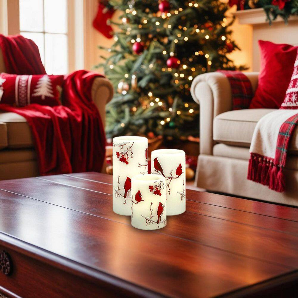 6 In. Battery Operated Wax Candles with Cardinal Design-Set of 3