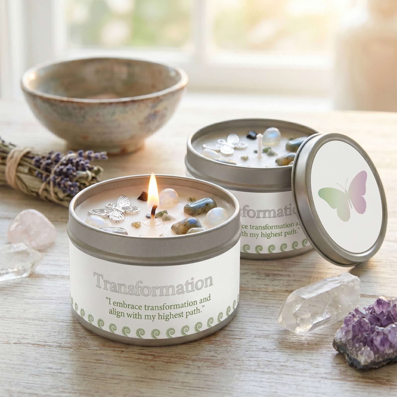 2 Pack Moonstone Crystal Candle Soy New Beginnings Transformation Intention