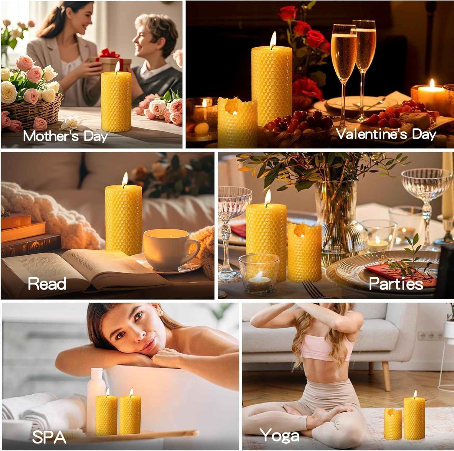 6-Pack Handmade Beeswax Pillar Candles – 120 Hours Dripless & Smokeless