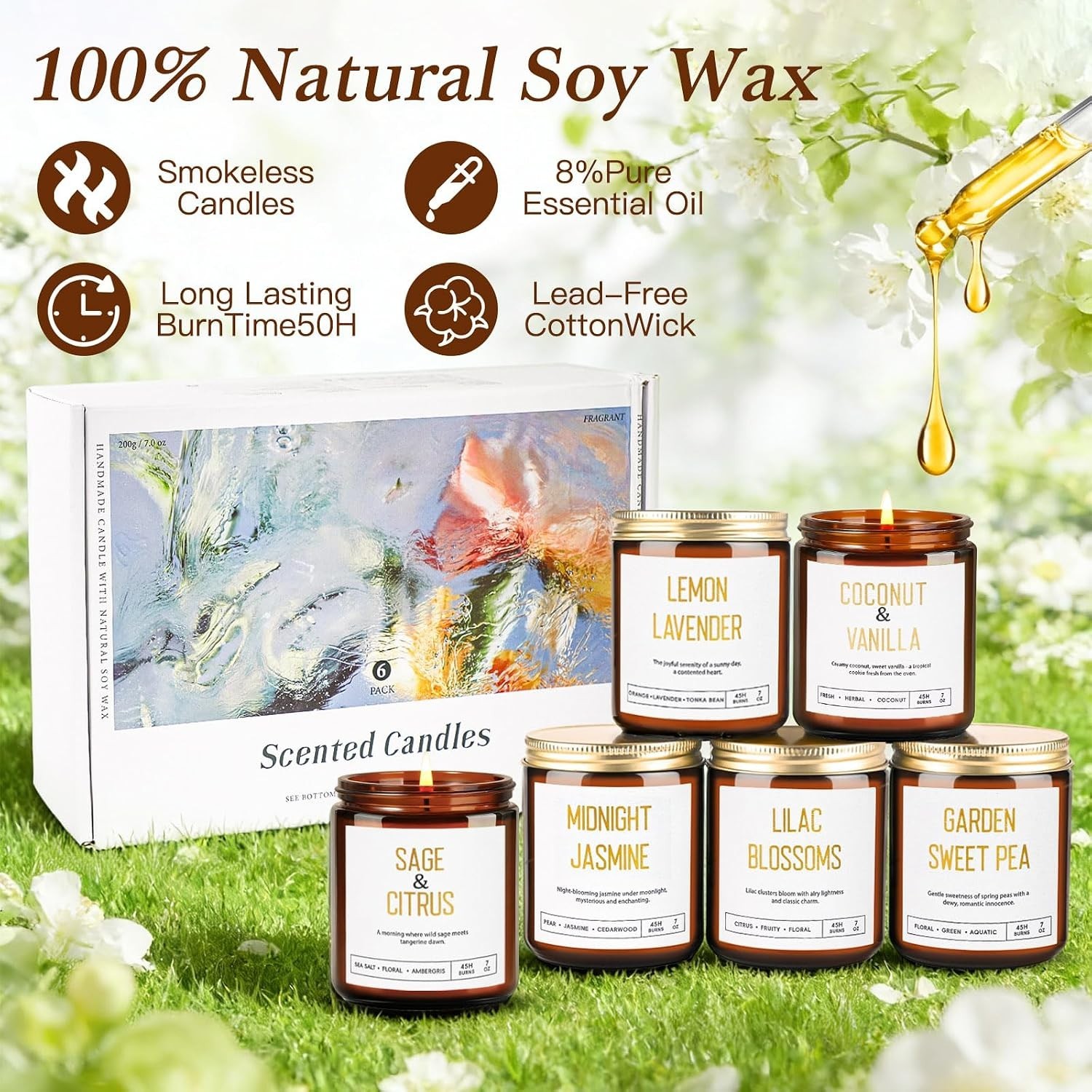 Luxurious 6 Piece Soy Candle Set in Amber Jars – Perfect Gift for Women