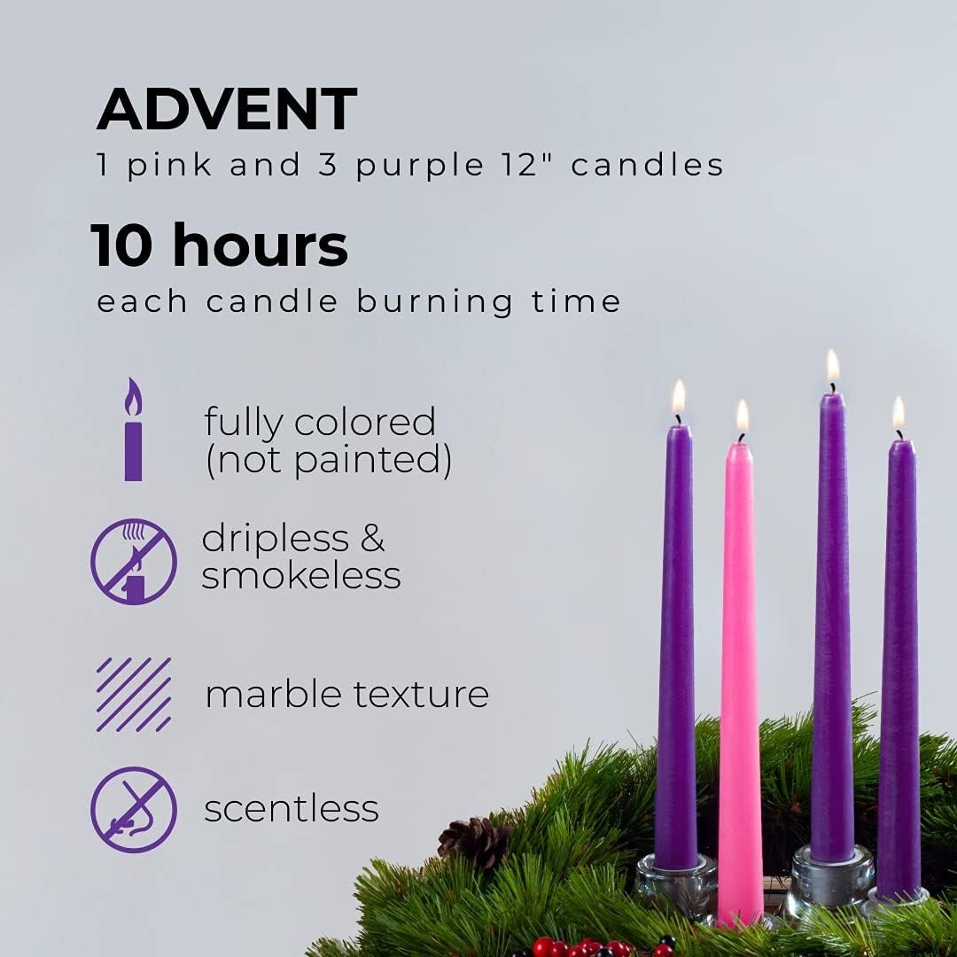 12 Inch Advent Taper Candles Set of 4 – Long Burning Dripless Unscented Taper…