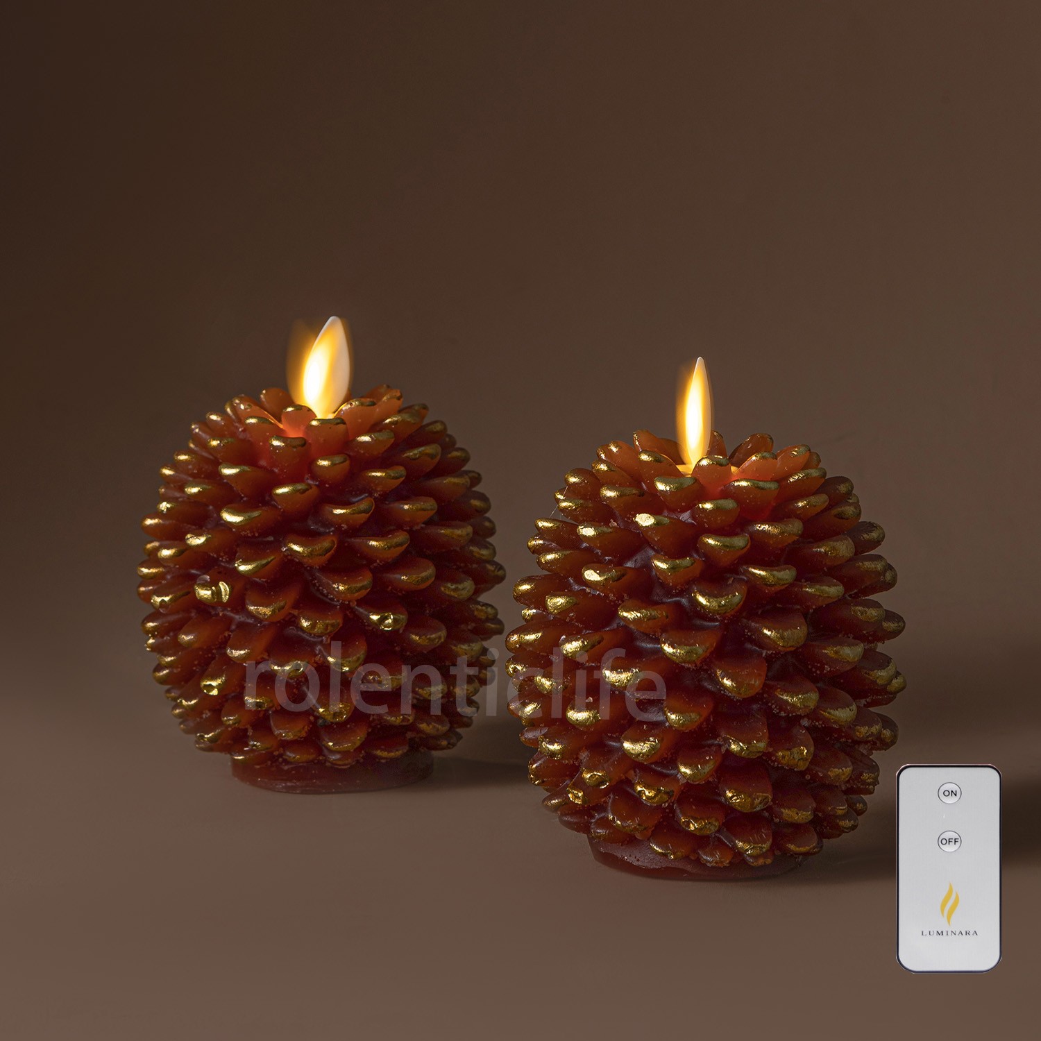 Luminara Flameless Brown Wax Pine Cone Candles with Remote for Home Decor Set 2