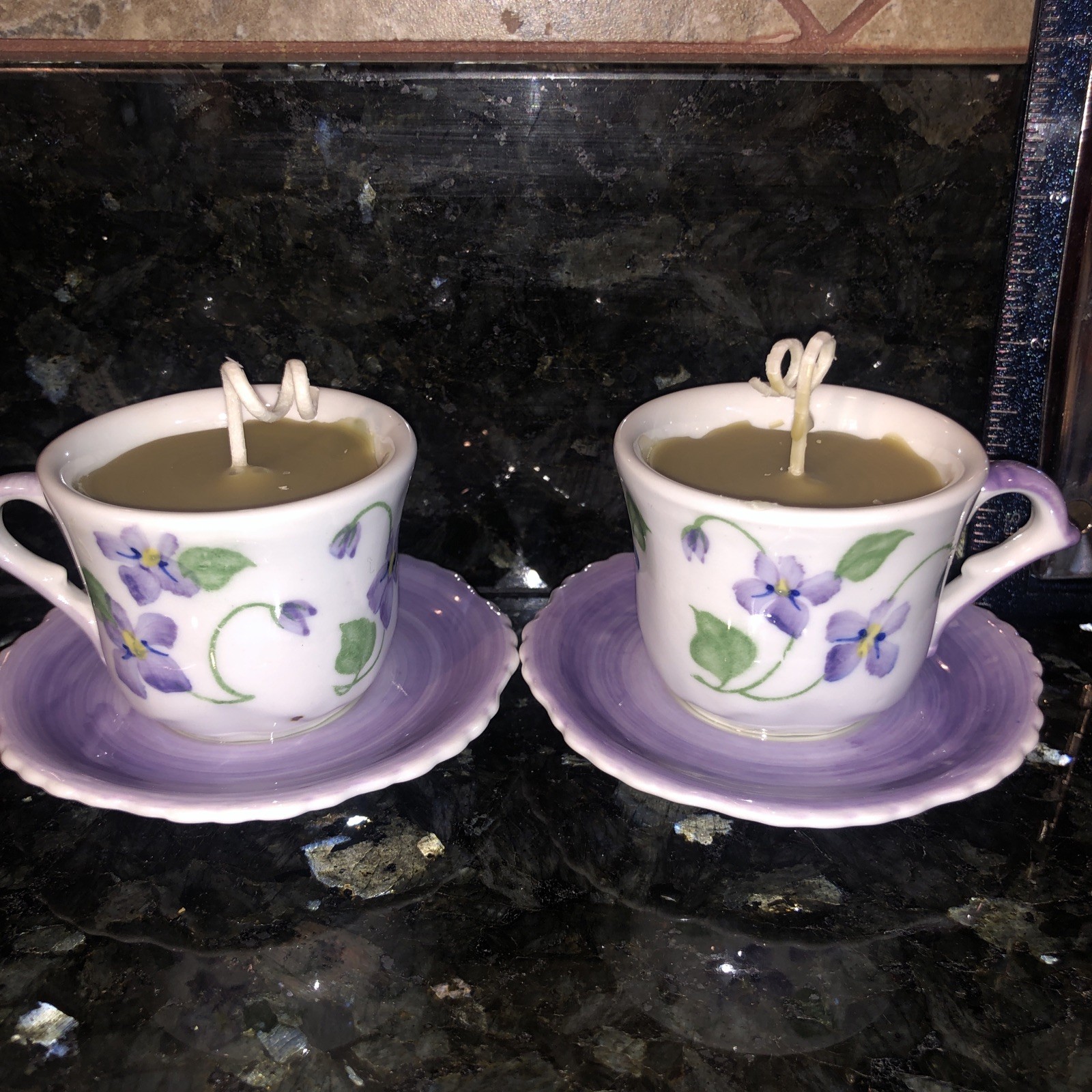 Set of 2 Handmade Mini Porcelain Antique Teacups Candles Purple Violets Pansies