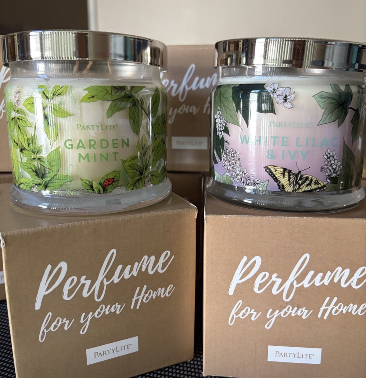 PartyLite Candles 3 Wick Jar Candle Bundle WHITE LILAC & IVY / GARDEN MINT