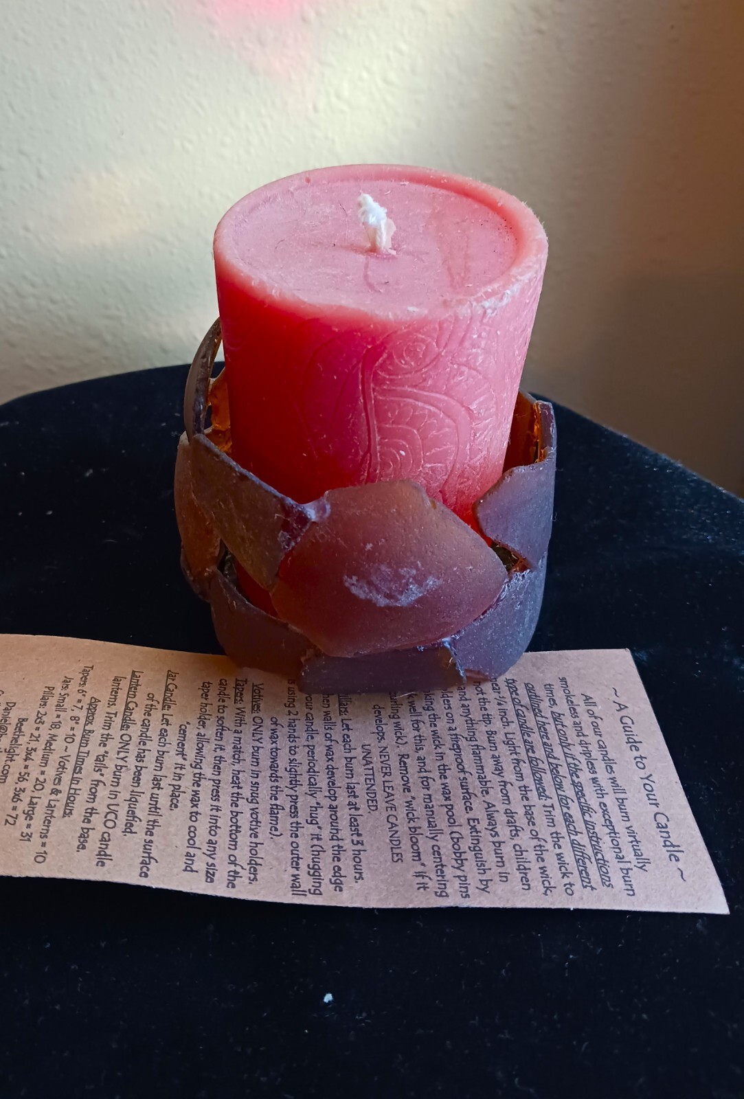 100% Pure Beeswax Pillar Candle, Unscented in SEAGLASS HOLDER Authentic Glass