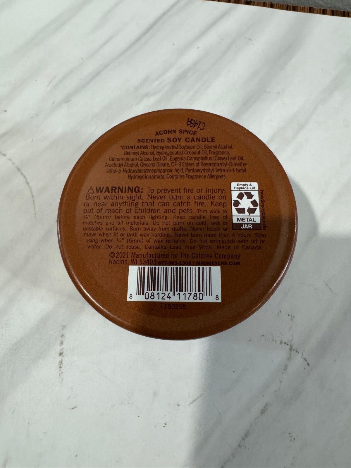 MRS. MEYER’S CLEAN DAY Soy Tin Candle, 2.9 Ounce (Pack of 1), Acorn Spice Tin