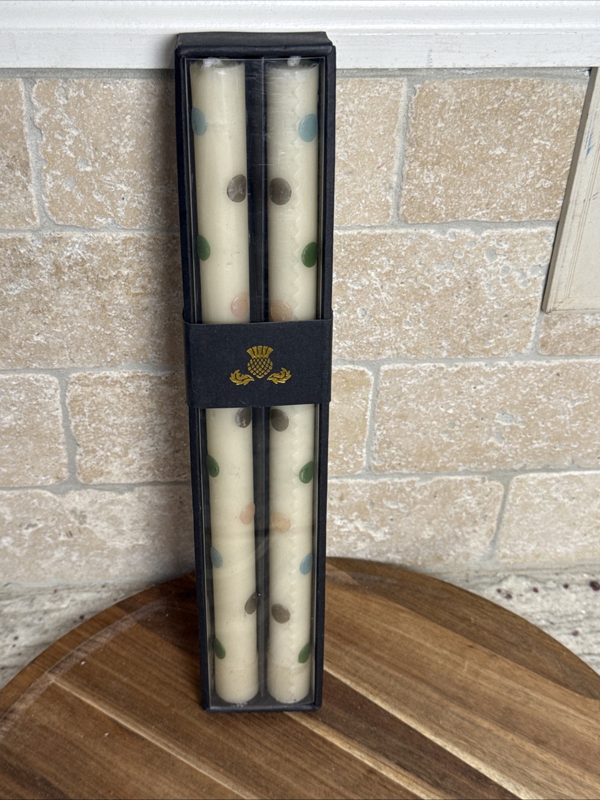 MacKenzie Childs Glow Taper Candles Dinner Multi Color Polka Dots Set of 2