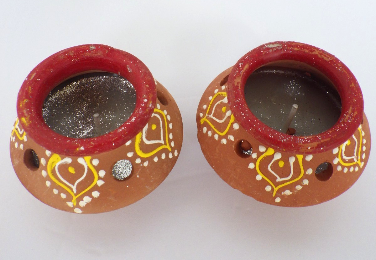 Terra Cotta Clay Diya Candles Hand Painted Set Of 2 India
