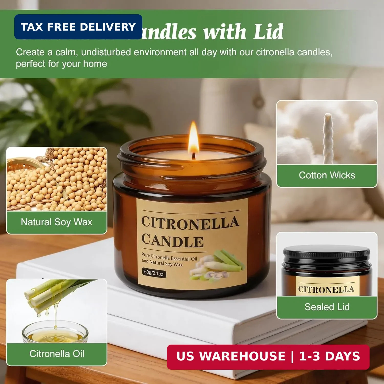 8 Pack Citronella Candles Outdoor Soy Wax Glass Jar 120Hr Burn Time