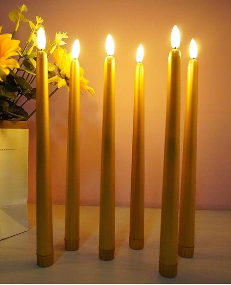 6 Gold Flameless Taper LED Candles Remote Timer Battery Operated Used Once 2 AAA