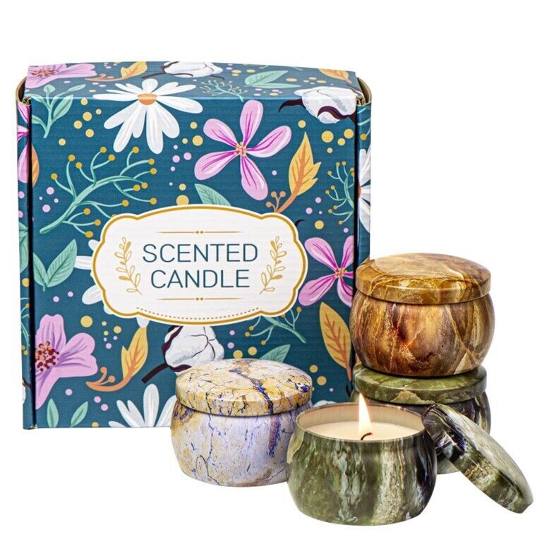Aromatic Therapy Candles Assorted 4 Scents Tin Hard Can Deluxe Gift Box No Smoke
