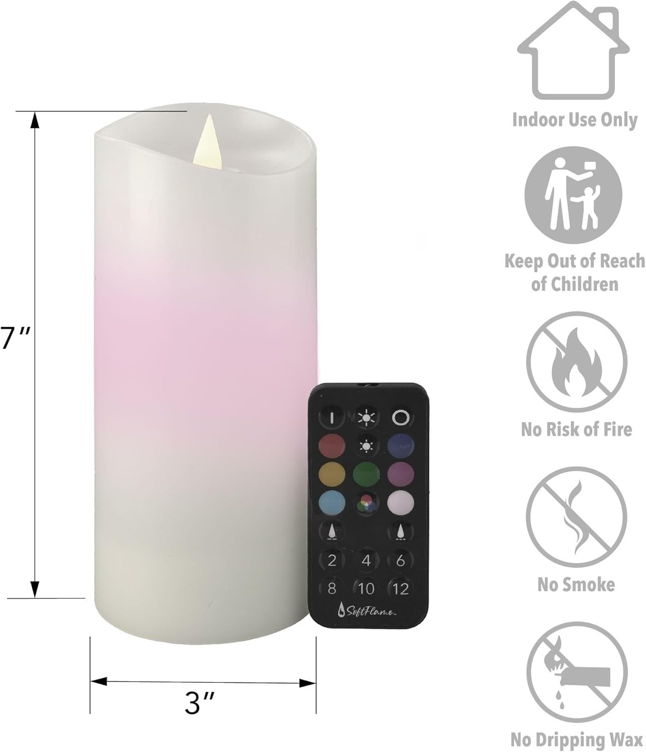 3×7 Real Wax Flameless Pillar Candle – Dimmable, Remote Control, Indoor Use Only