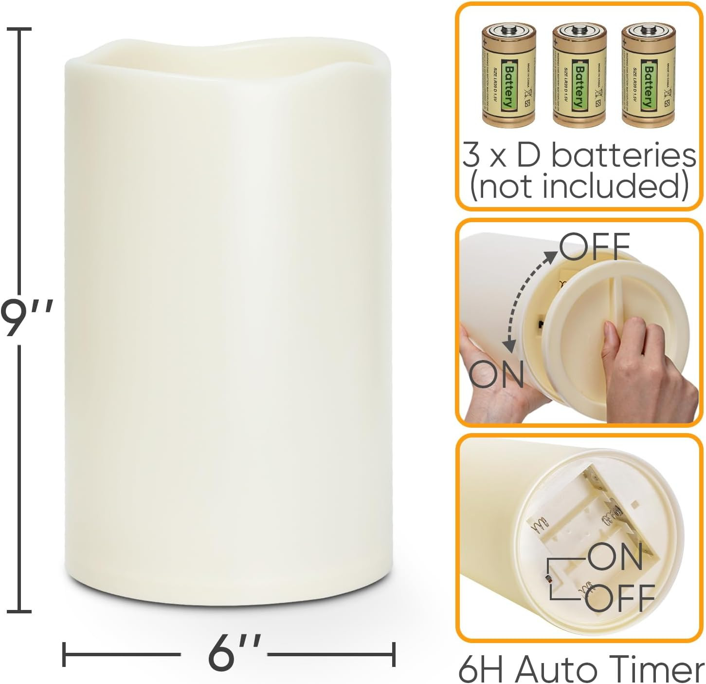 6″ X 9″ Extra Large Outdoor Waterproof Candle with Auto 6-Hour Timer, No Remote,