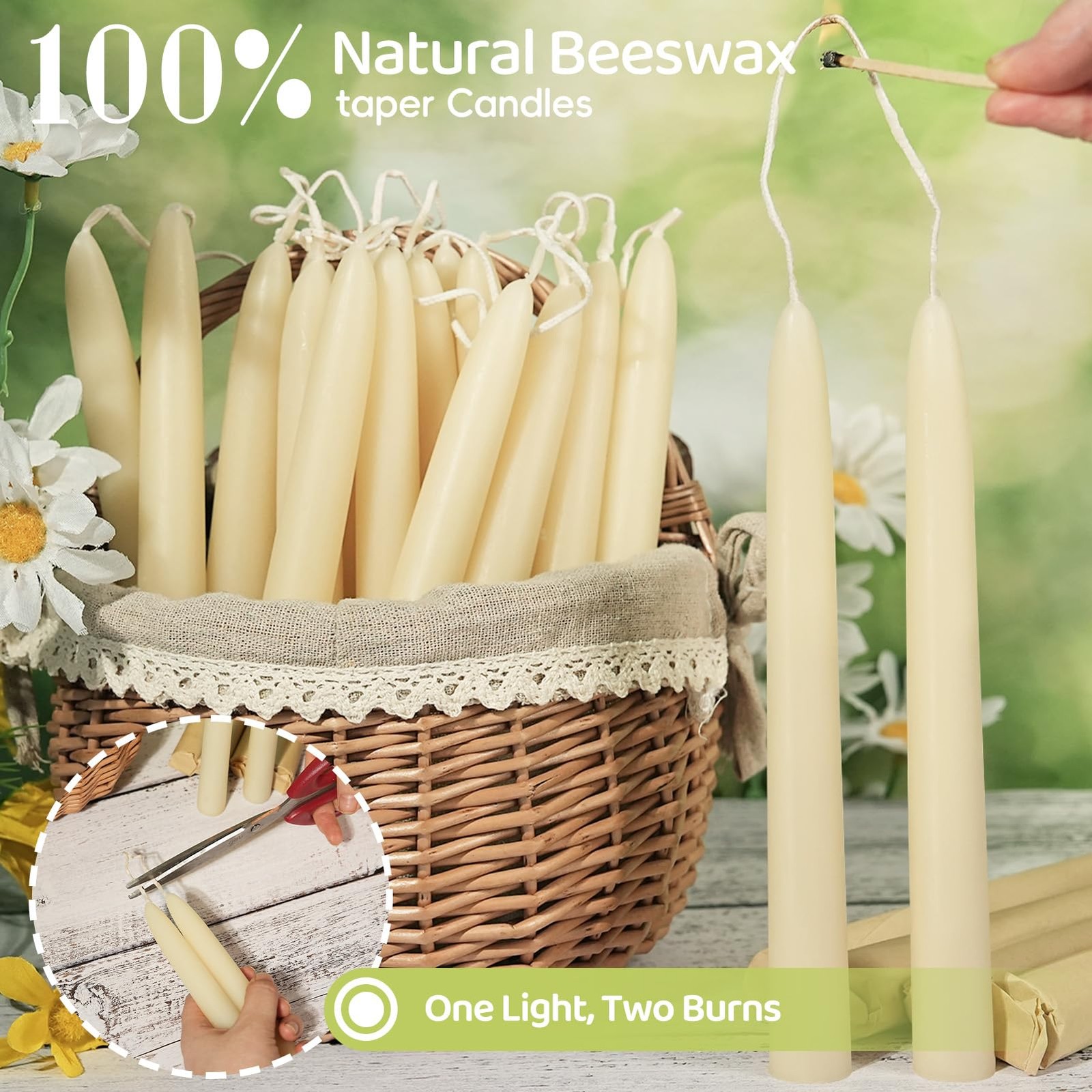 Velas cónicas de cera de abeja, vela de cera de abeja blanca pura que no gotea