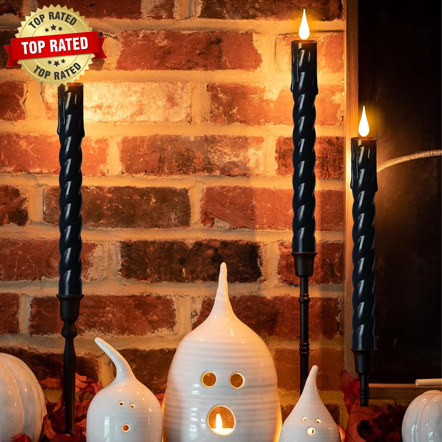 Black Flameless Taper Candles Battery Operated with Remote Timer | 3D Wick Flick