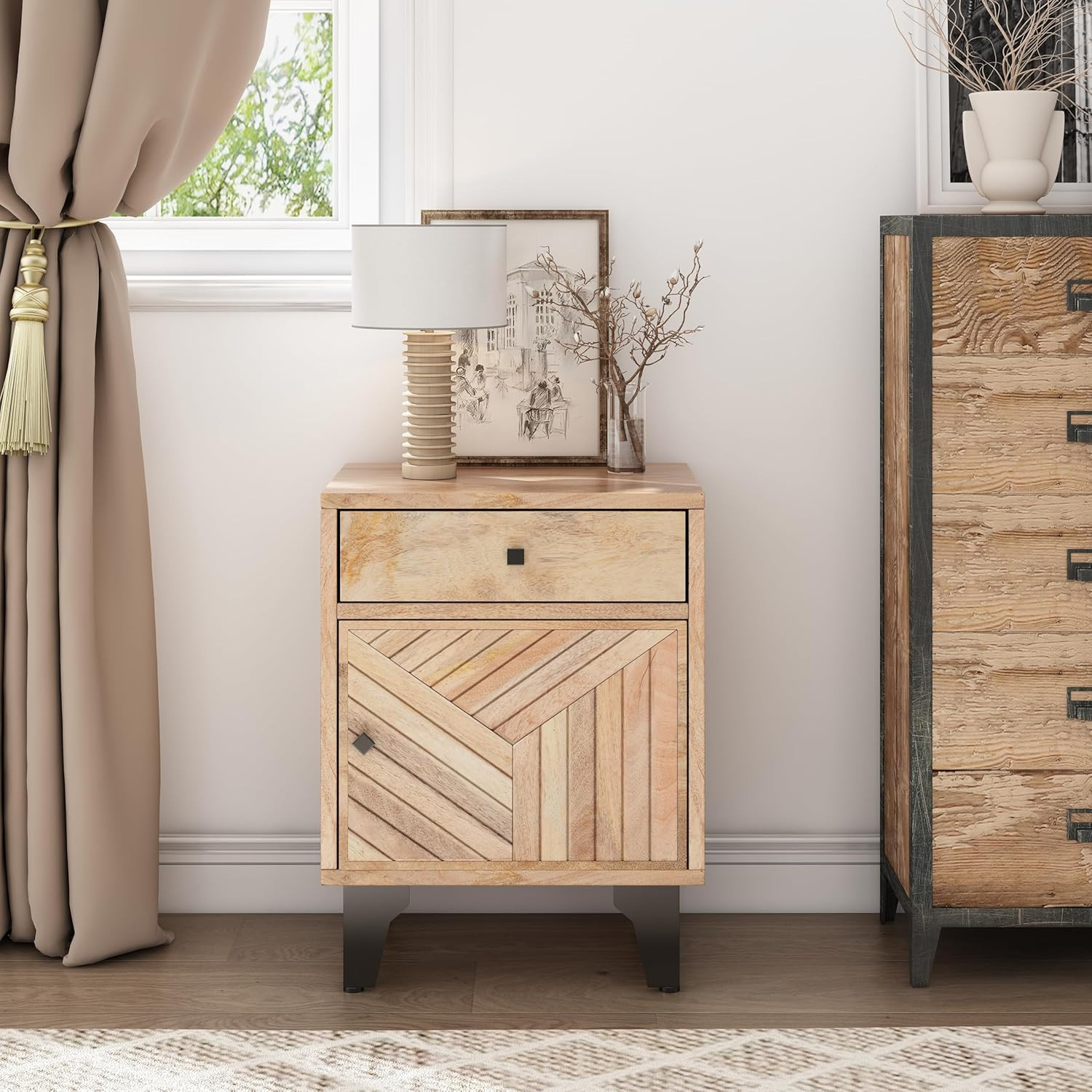 Shinon Mango Wood Nightstand with 1 Drawer, End Table/Sofa/Bed Side Table/Storag