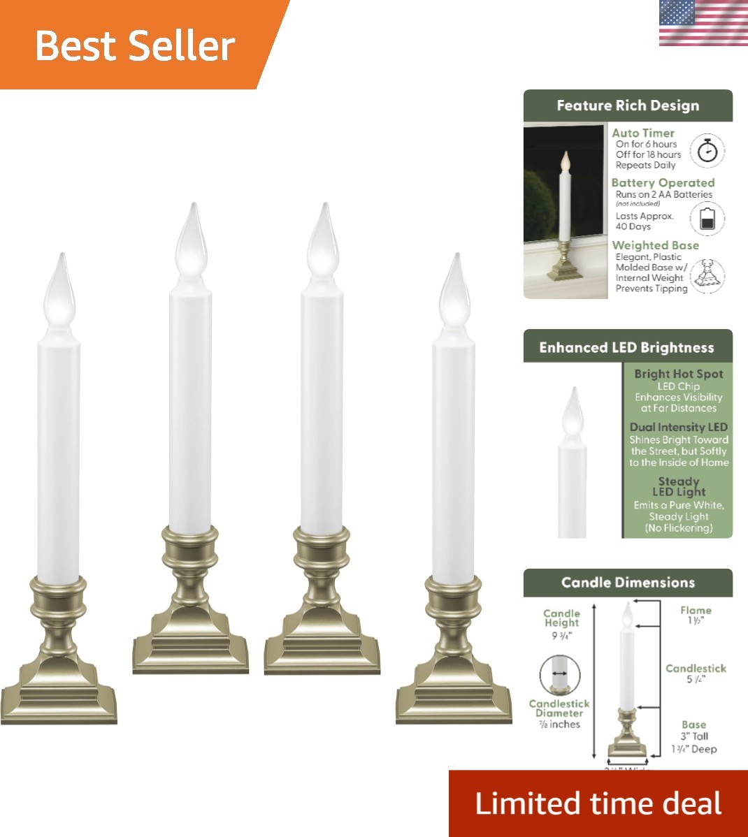 Bright LED Window Candles with Timer – Cordless & Stylish Pewter Finish – 4 Pack
