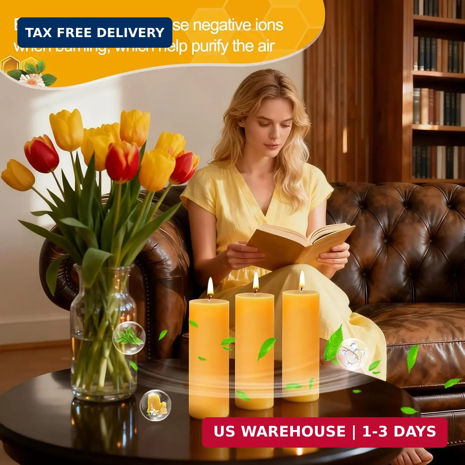 3 Pack Natural Beeswax Pillar Candles,2x6in Large Pure Beeswax Candles-180 Hours
