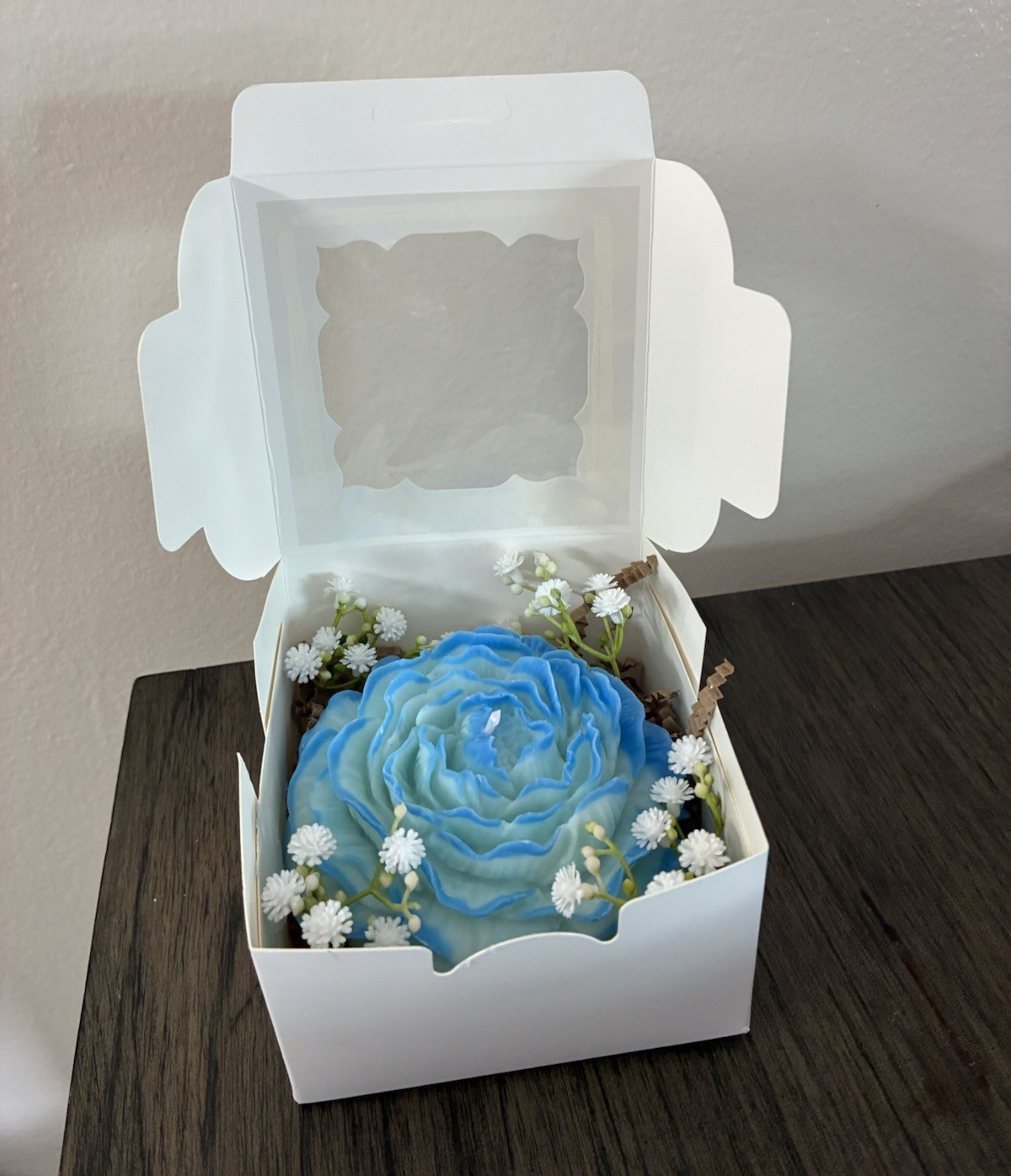 Flower-Shaped Decorative Wax Specialized Candle Gift Box, Blue White, 1 Pack