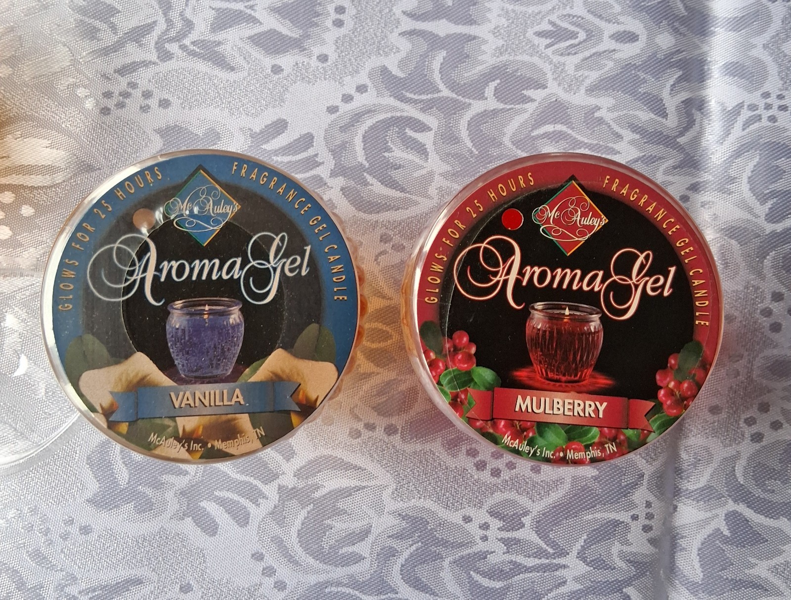 Gel Candle Lot of 4 McAuley’s Vanilla and Mulberry, Purple and Yellow Oval 3″