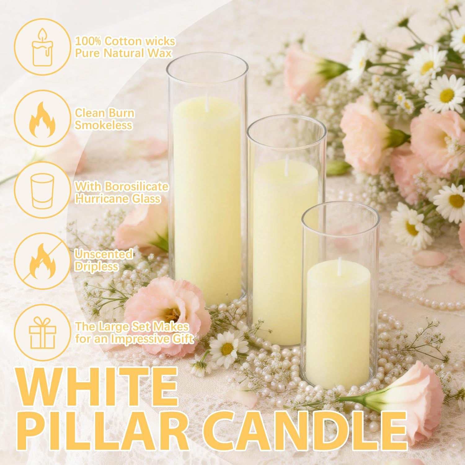 Ivory Pillar Candles & Glass Vases Set for Weddings & Events – 12 Pack