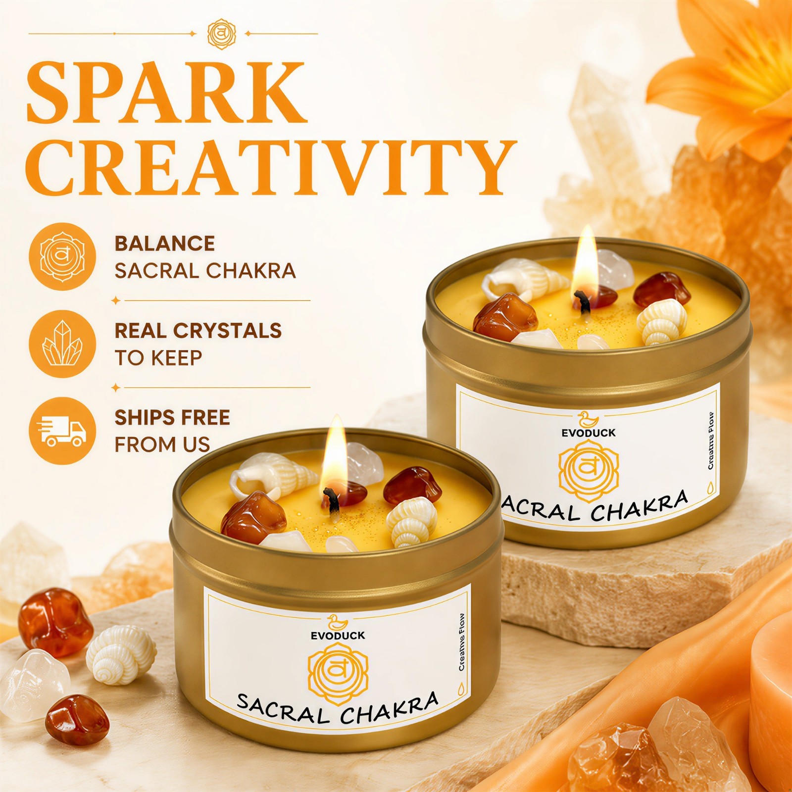 2 Pack Sacral Chakra Crystal Candle Carnelian Reiki Meditation Energy Healing