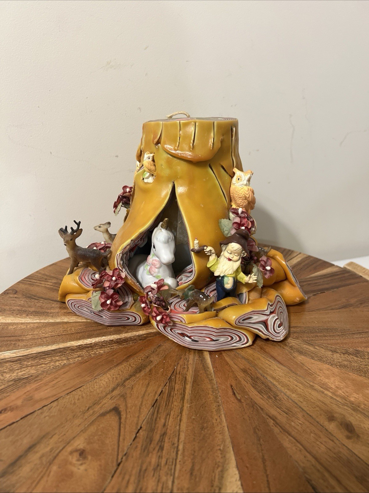 Vintage Candle Woodland Sculpted Tree Stump Elf Deer Owls Hand Carved Wax Art