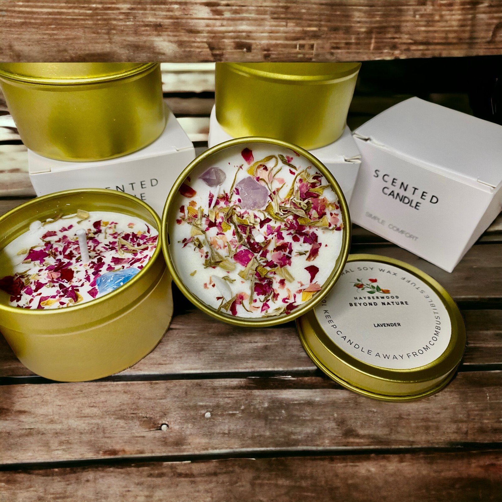 Handmade Herbal & Crystal Soy Candle Tin, 4oz Lavender, Vanilla, Organic Soy Wax