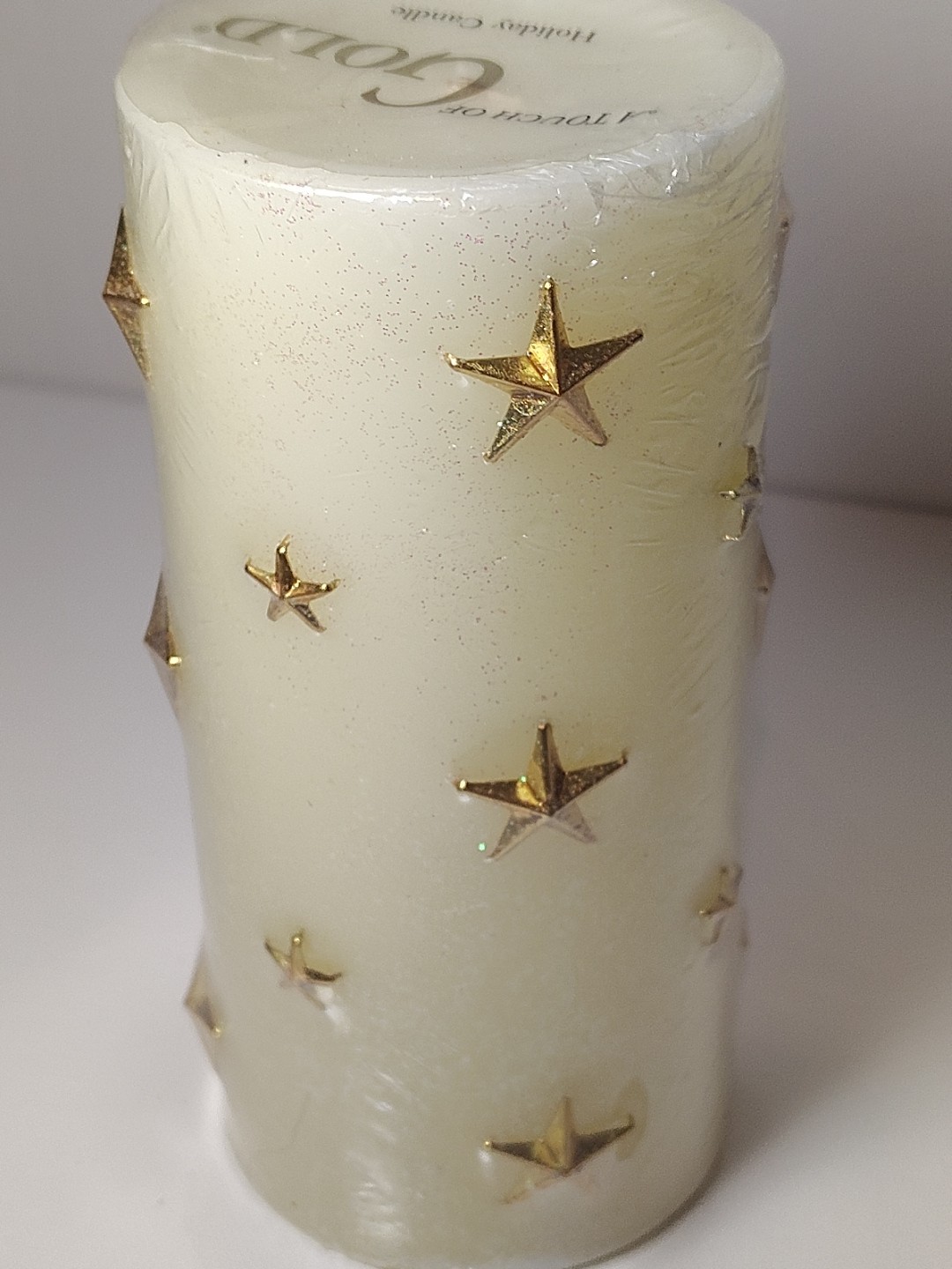 Vintage “A Touch of Gold” Wax Pillar Candle Glitter Cream Gold Stars 6.25″ New