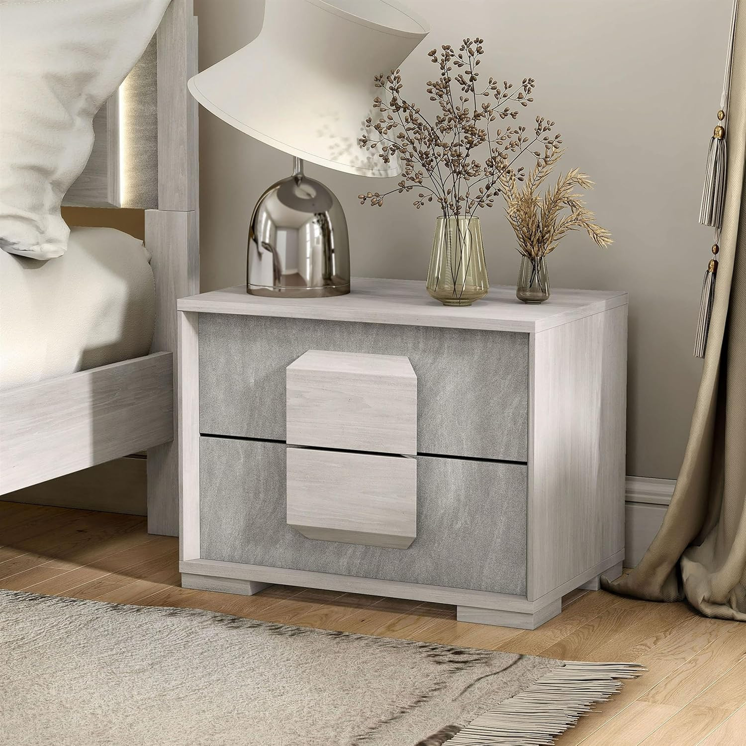 Dresen Modern Melamine Top 2-Drawer Nightstand, Wood Panel Handle Bedside Table