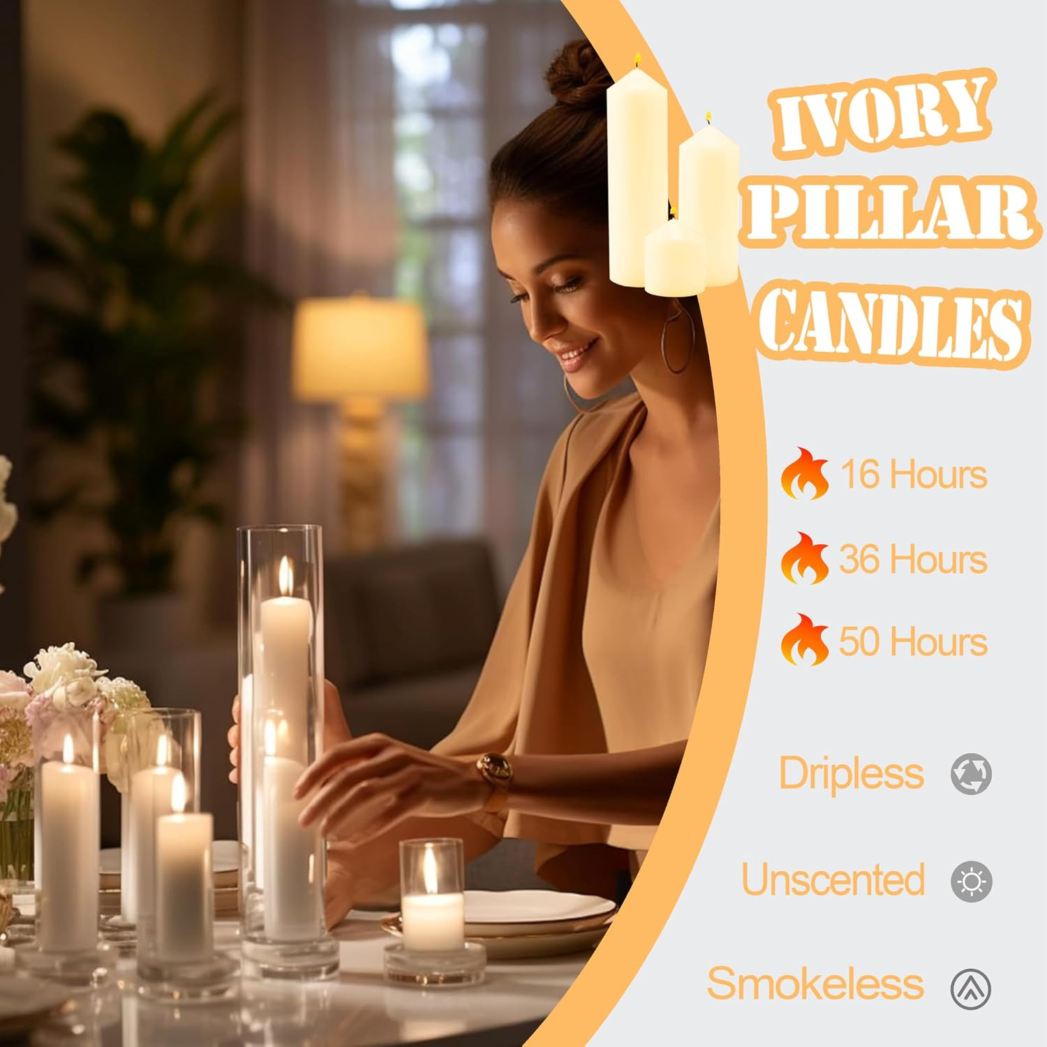 18 Pcs Ivory Pillar Candles Bulk Set，2X3 2X6 2X8 Inch – 12 Each Size，Hurricane C