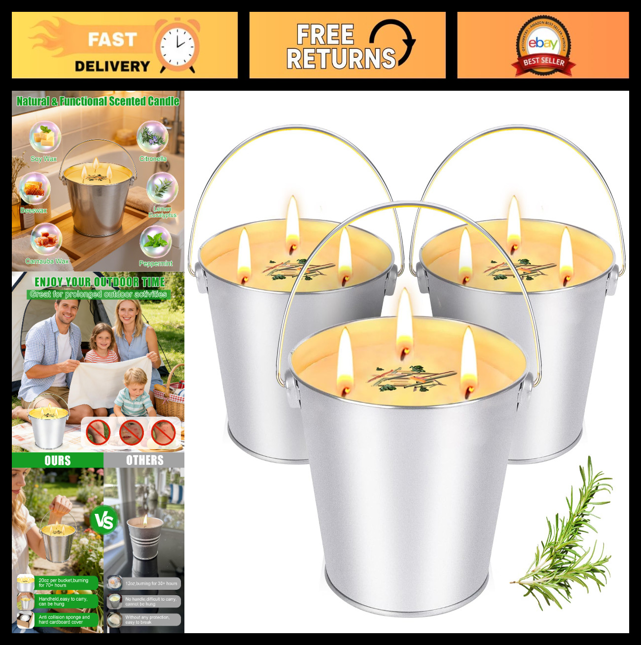Large Citronella Candles 3 Pack – 20oz Each, 200+ Hour Burn Time, Outdoor Patio