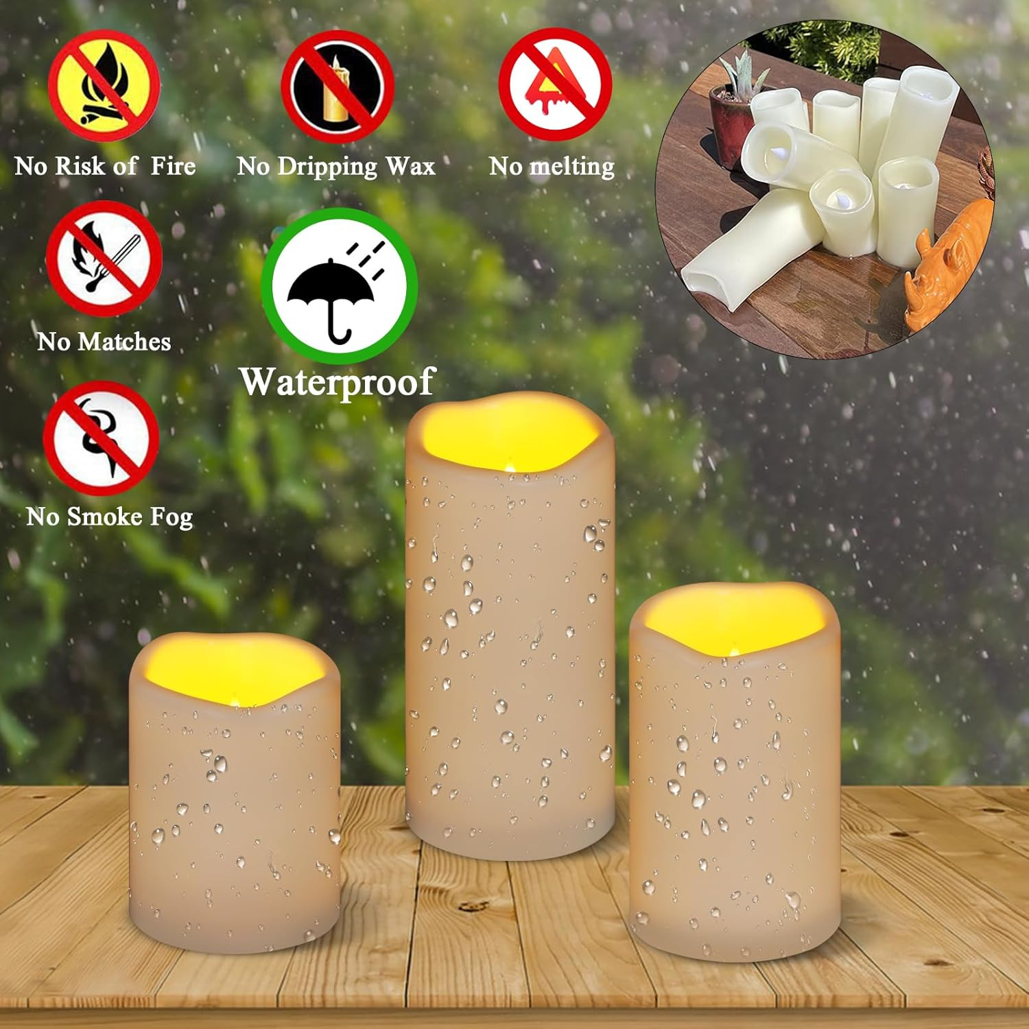 Flameless Candles 4″ 5″ 6″ Set of 3 Ivory Outdoor Indoor Pillars 3″ Diameter Bat