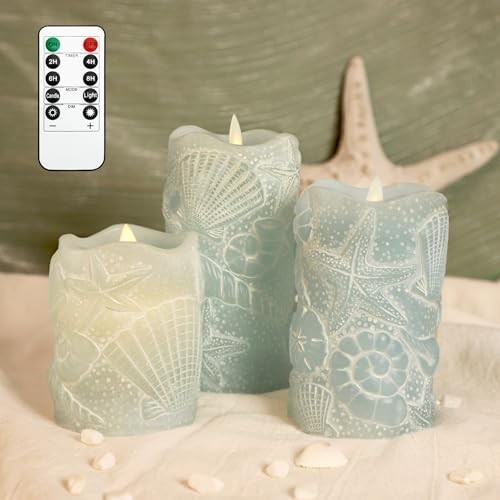 Ocean Blue Flameless Candles Flickering Wick Real Wax Shell LED Candles with Rem