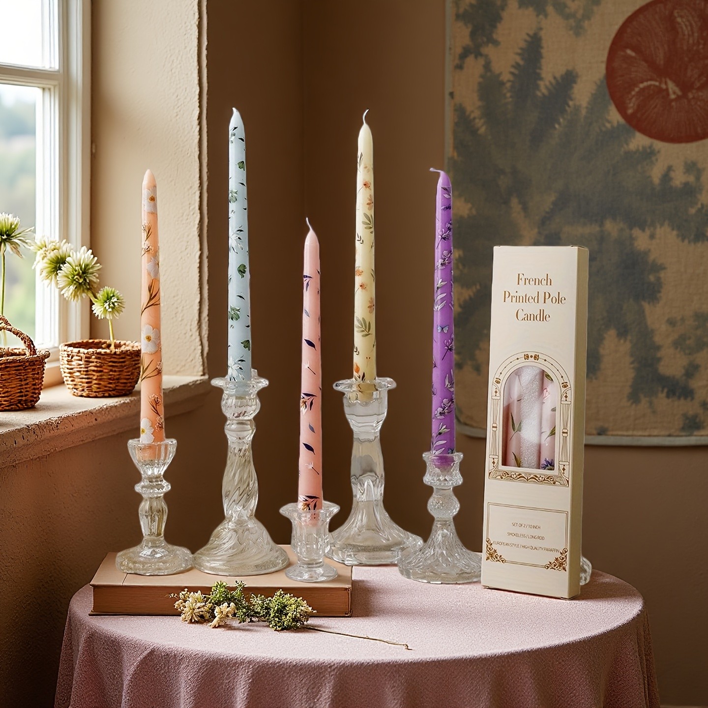 10 in Taper Candles, 2pcs Floral Print Smokeless Tapered, Fancy Dinner Candles