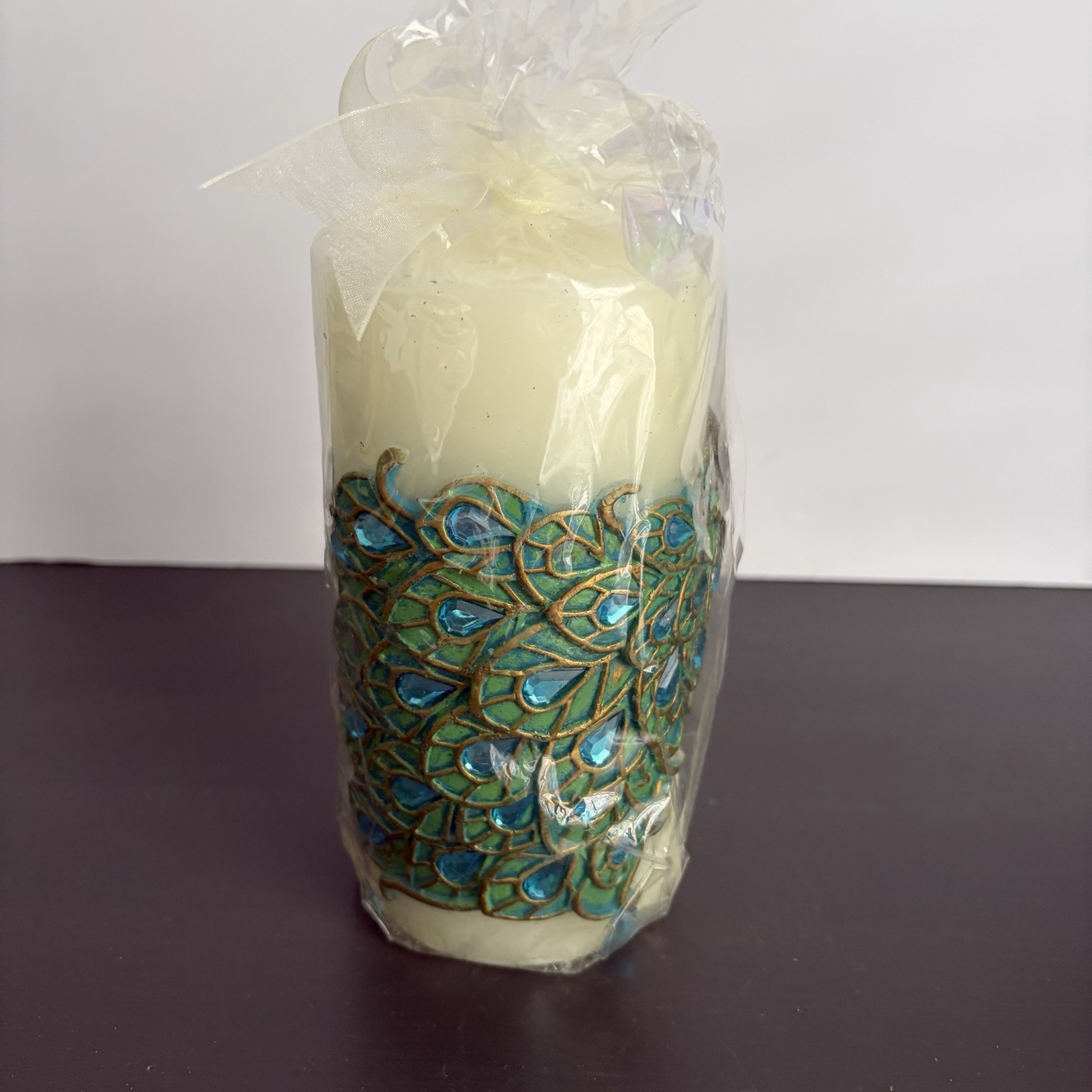 Pier One Peacock Candle Unscented Pillar 6 in Jeweled Feathers Original Package