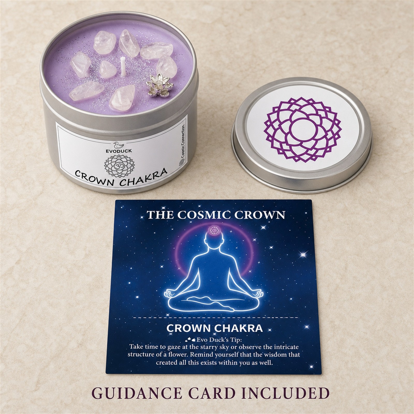 2-Pack EVODUCK Crown Chakra Healing Candles, Clear Quartz, Purification, 3 oz